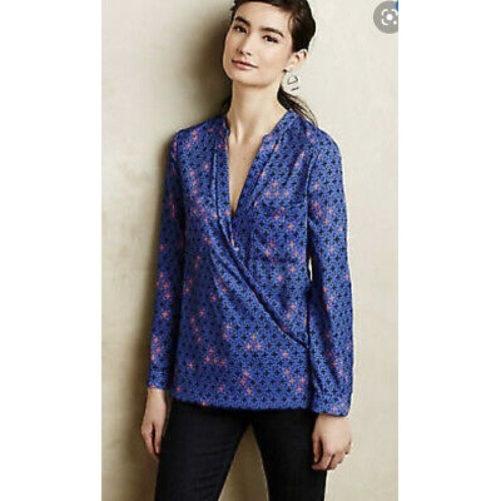 MAEVE Anthropologie Eva Wrap Novelty Print High-Low Pocket Blouse Size 0
